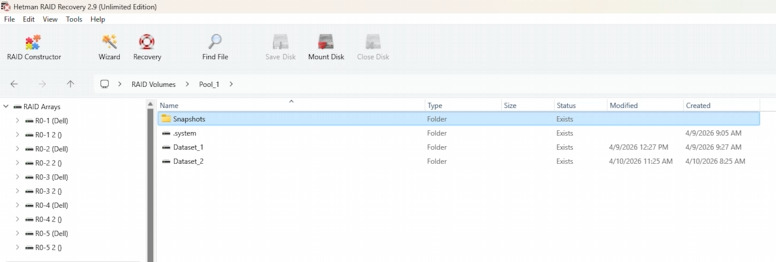 Hetman RAID Recovery: snapshots folder in ZFS pool Hetman RAID Recovery: snapshots folder in ZFS pool