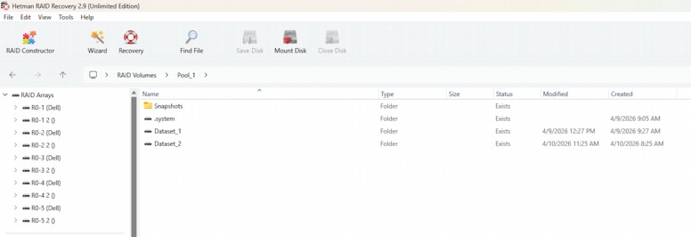 Hetman RAID Recovery: restored ZFS pool filesystem displayed Hetman RAID Recovery: restored ZFS pool filesystem displayed