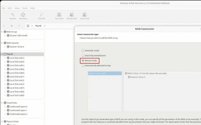 Hetman RAID Recovery: RAID Constructor у ручному режимі