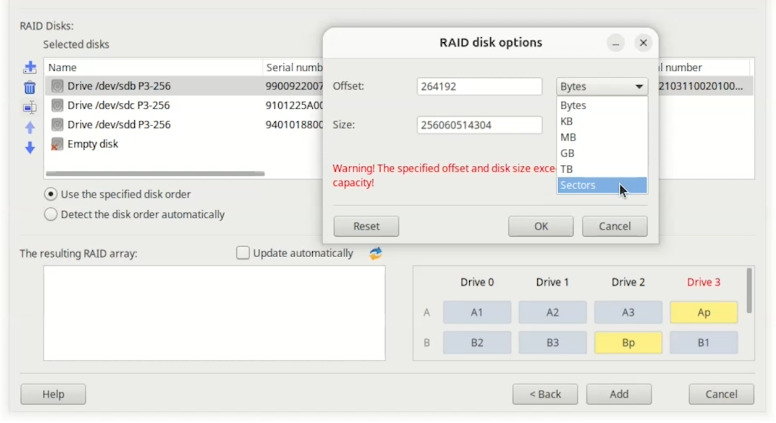 Hetman RAID Recovery: Change disk offset/size