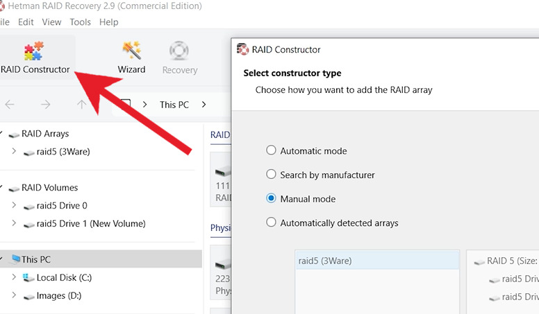 Hetman RAID Recovery: وضع RAID Constructor اليدوي Hetman RAID Recovery: وضع RAID Constructor اليدوي