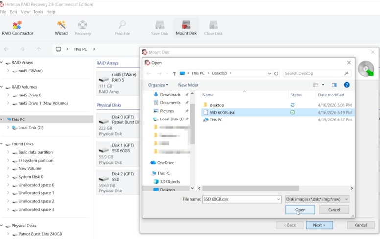 Hetman RAID Recovery: выбор файла образа DSK Hetman RAID Recovery: выбор файла образа DSK