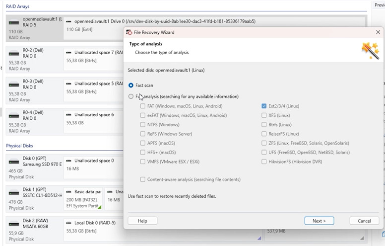 Hetman RAID Recovery: selecting disk scan type Hetman RAID Recovery: selecting disk scan type