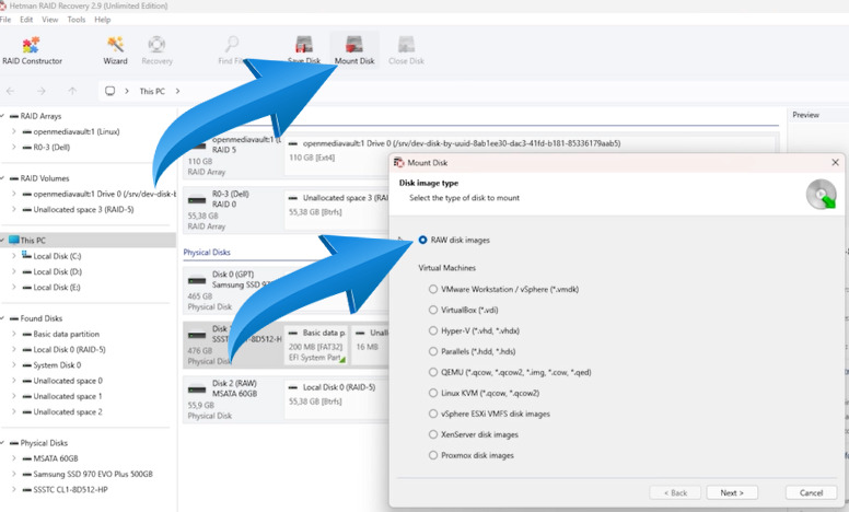 Hetman RAID Recovery: mounting a disk image in the application Hetman RAID Recovery: mounting a disk image in the application