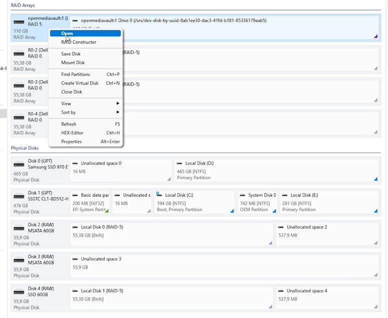 Hetman RAID Recovery: array showing type, total size and file system Hetman RAID Recovery: array showing type, total size and file system