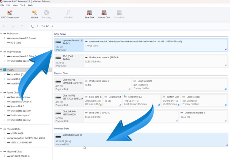 Hetman RAID Recovery: mounted disk image displayed in the application Hetman RAID Recovery: mounted disk image displayed in the application