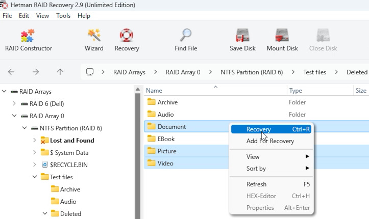 Hetman RAID Recovery: відновлення обраних папок