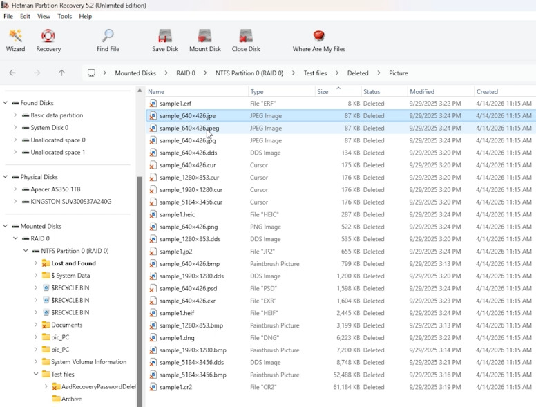 Hetman Partition Recovery: раніше видалені файли позначено червоним хрестиком