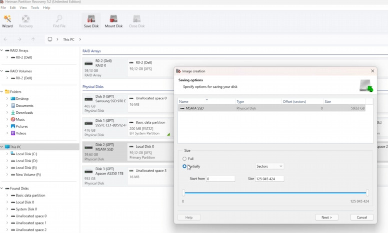 Hetman Partition Recovery: disk image creation settings Hetman Partition Recovery: disk image creation settings