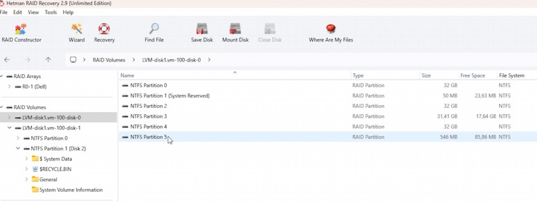 Hetman RAID Recovery: contents of the scanned LVM storage Hetman RAID Recovery: contents of the scanned LVM storage