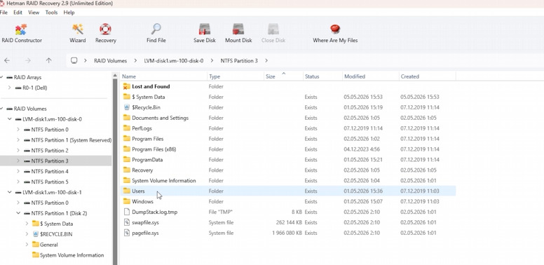 Hetman RAID Recovery: go to the Users system directory Hetman RAID Recovery: go to the Users system directory