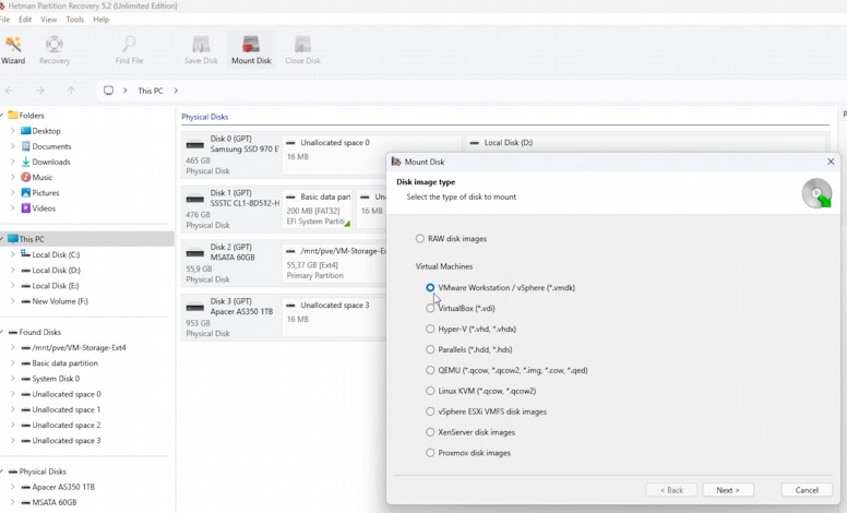 Hetman Partition Recovery: selecting the VMDK image type