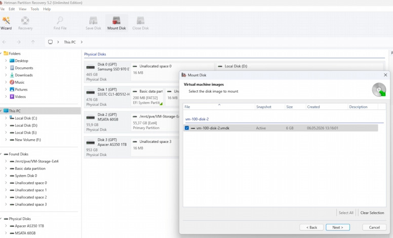 Hetman Partition Recovery: selecting the folder with the VMDK image