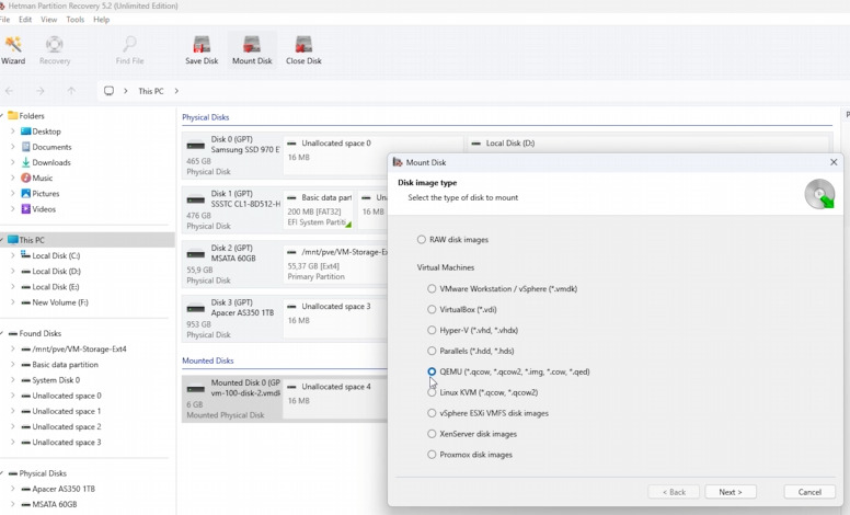 Hetman Partition Recovery: mounting a QCOW2 image