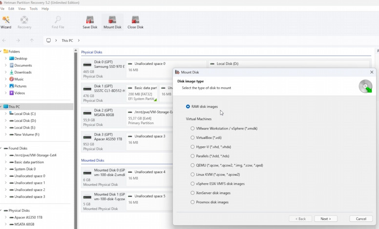 Hetman Partition Recovery: mounting a RAW image