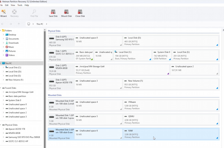 Hetman Partition Recovery: mounted VMDK, QCOW2, and RAW images