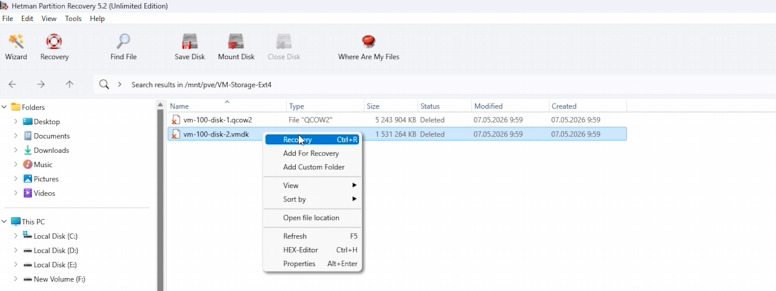 Hetman Partition Recovery: recovering found virtual disks