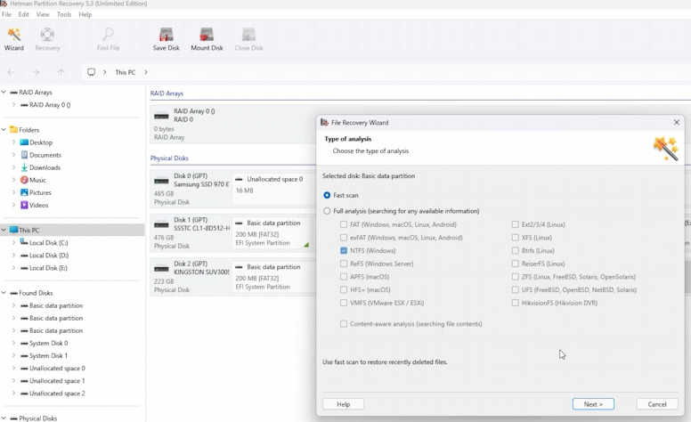 Hetman Partition Recovery: Schnellscan eines BitLocker-Laufwerks