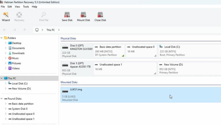 Hetman Partition Recovery: подключенный контейнер LUKS