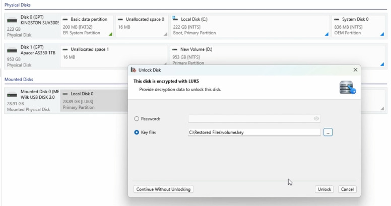 Hetman Partition Recovery: разблокировка USB-флешки LUKS с помощью keyfile