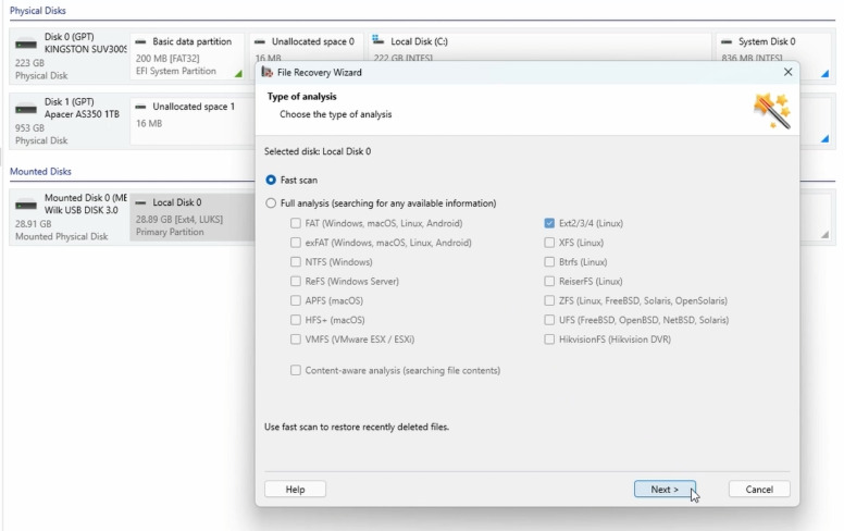 Hetman Partition Recovery: быстрое сканирование USB-флешки LUKS