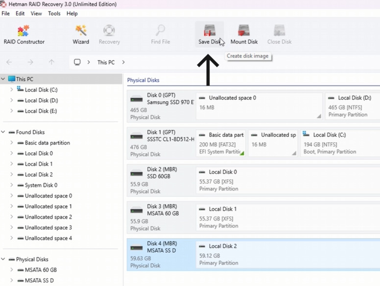 Hetman RAID Recovery: натисніть Save disk, щоб створити образ диска