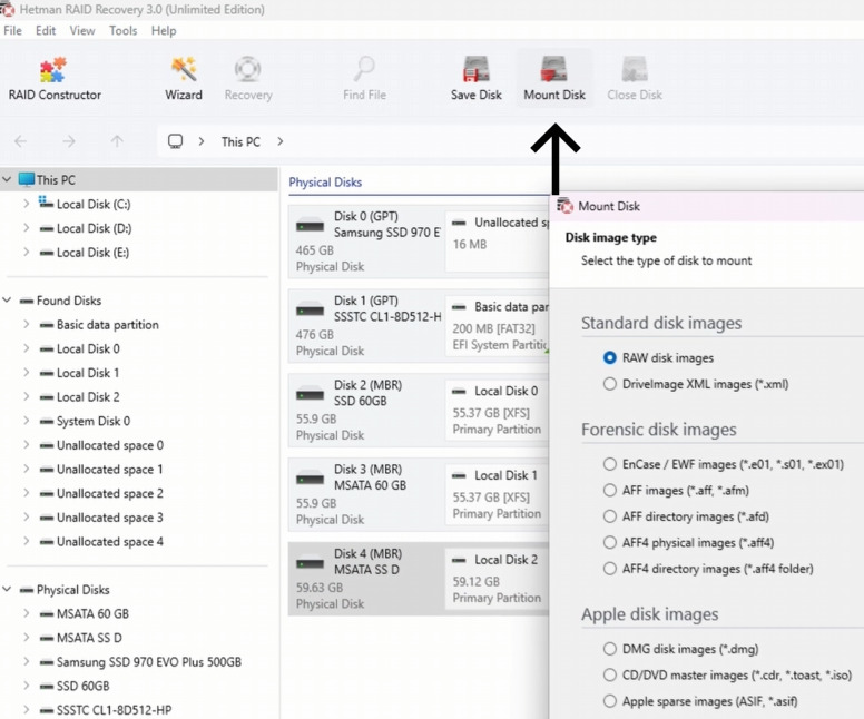 Hetman RAID Recovery: Mount disk - Raw disk images