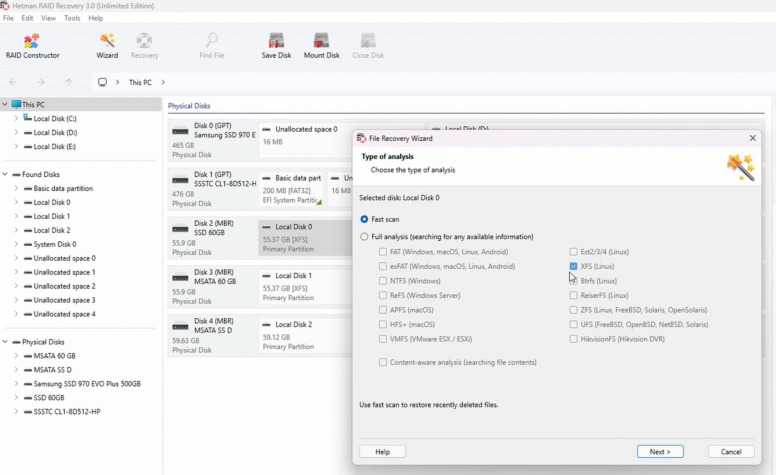 Hetman RAID Recovery: Fast scan диска Unraid з файловою системою XFS