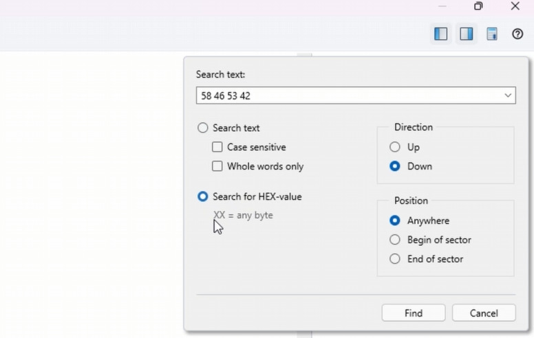 Hetman RAID Recovery: пошук XFSB у режимі Search for HEX-value
