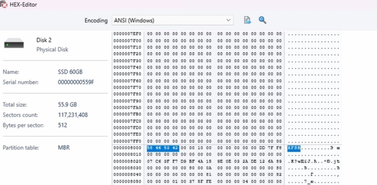 Hetman RAID Recovery: позиція знайденого XFS-маркера з точним значенням Offset