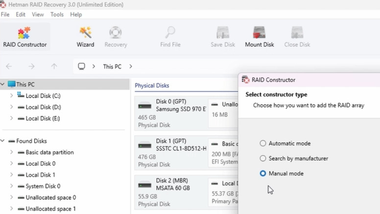Hetman RAID Recovery: RAID Constructor - Manual mode