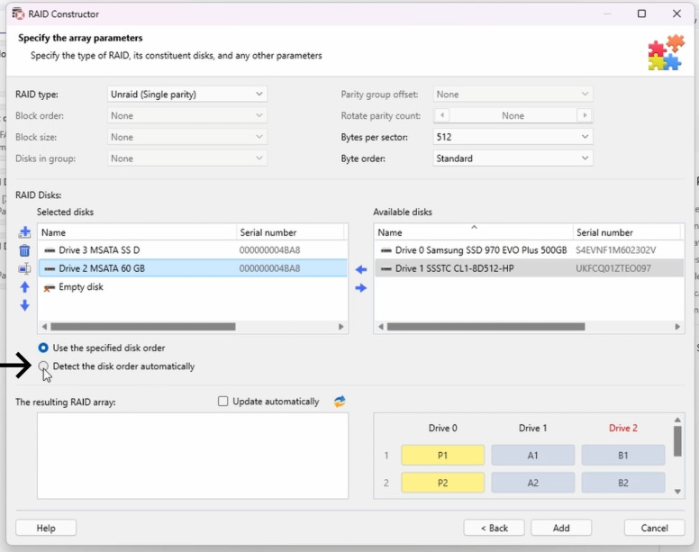 Hetman RAID Recovery: Detect disk order automatically