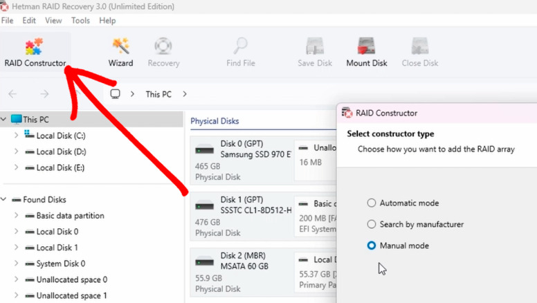 Hetman RAID Recovery: RAID Constructor - Manual mode для Dual Parity