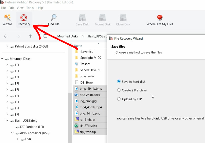 Hetman Partition Recovery: select files and click Recover Hetman Partition Recovery: select files and click Recover