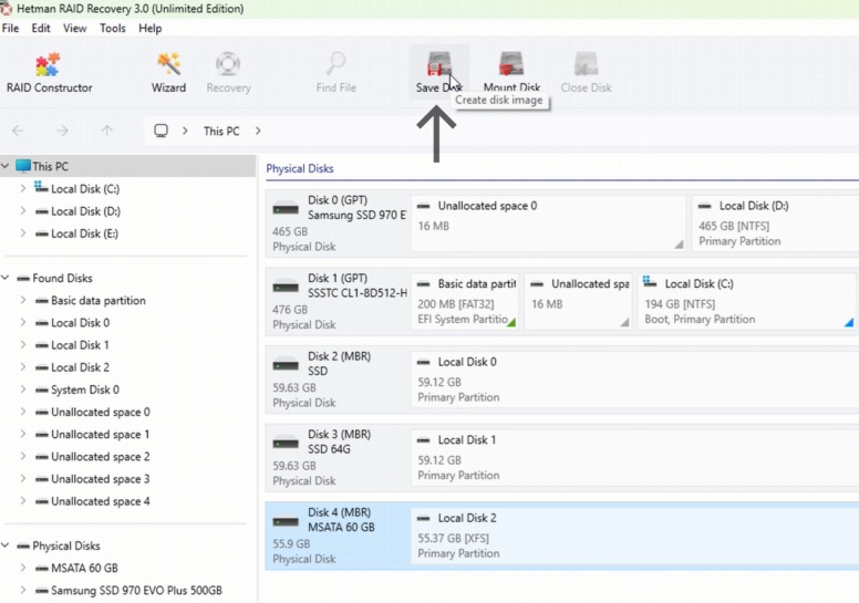 Hetman RAID Recovery: to create an image, click Save disk Hetman RAID Recovery: to create an image, click Save disk