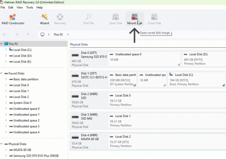 Hetman RAID Recovery: to mount an image, click Mount disk Hetman RAID Recovery: to mount an image, click Mount disk