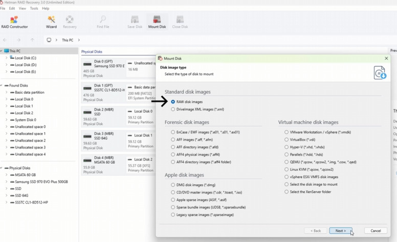 Hetman RAID Recovery: Mount disk - Raw disk images Hetman RAID Recovery: Mount disk - Raw disk images