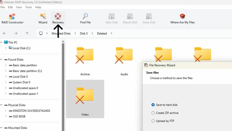Hetman RAID Recovery: select deleted files and click Recovery Hetman RAID Recovery: select deleted files and click Recovery