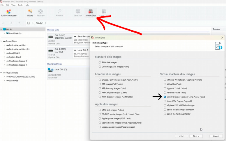 Hetman RAID Recovery: use the Mount disk function with the QEMU option Hetman RAID Recovery: use the Mount disk function with the QEMU option