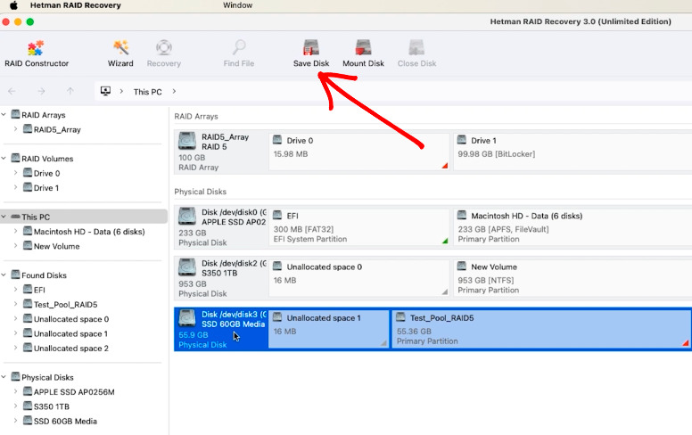 Hetman RAID Recovery: щоб створити образ диска натисніть Save disk Hetman RAID Recovery: щоб створити образ диска натисніть Save disk