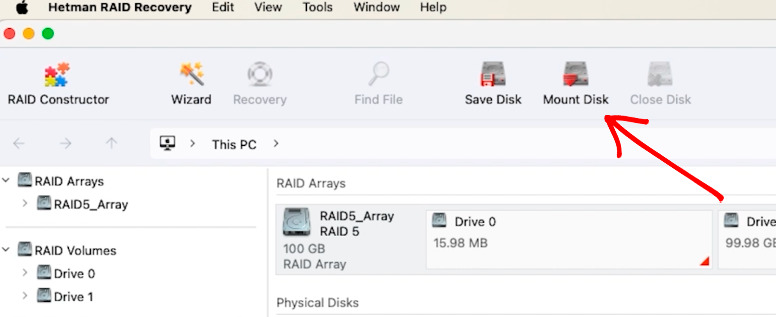 Hetman RAID Recovery: щоб змонтувати образ натисніть Mount disk Hetman RAID Recovery: щоб змонтувати образ натисніть Mount disk