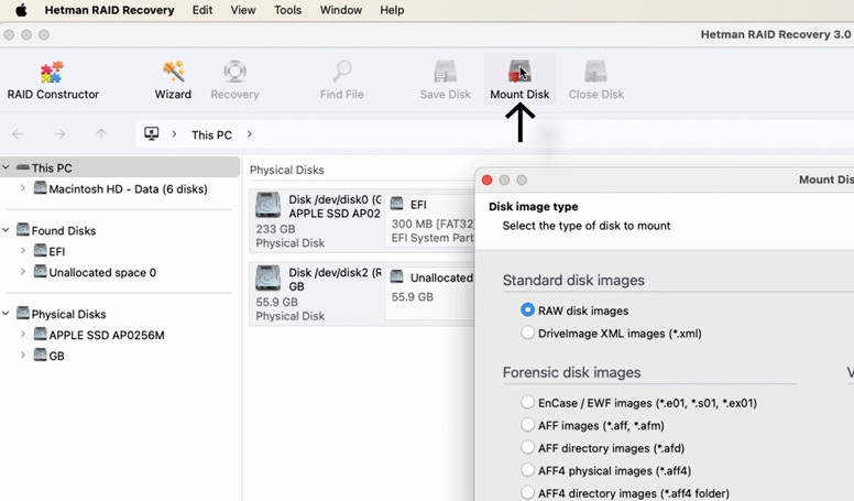 Hetman RAID Recovery: щоб підключити створений образ, натисніть кнопку Mount Disk Hetman RAID Recovery: щоб підключити створений образ, натисніть кнопку Mount Disk