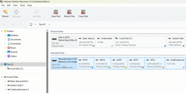 Hetman Partition Recovery : image de la carte mémoire dans le programme