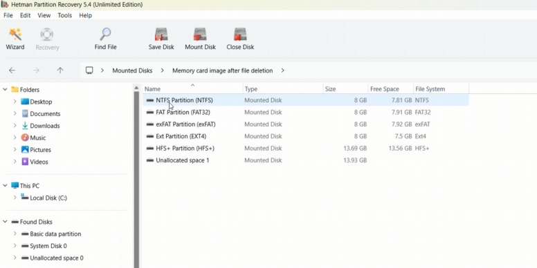 Hetman Partition Recovery : partitions contenant les éléments trouvés