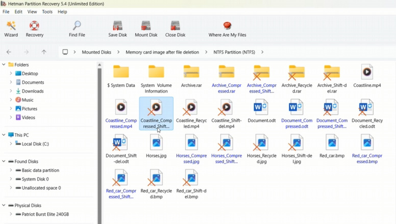 Hetman Partition Recovery : les fichiers compressés sont visuellement distingués