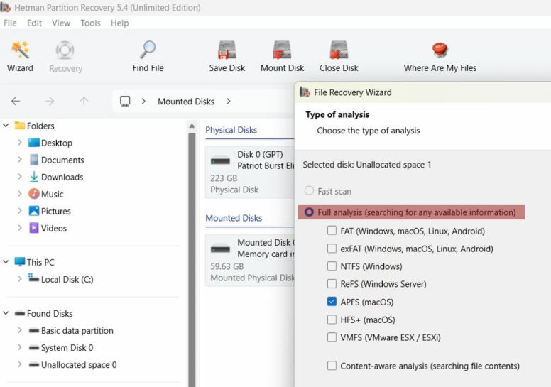 Hetman Partition Recovery : paramètres d’analyse d’une partition supprimée