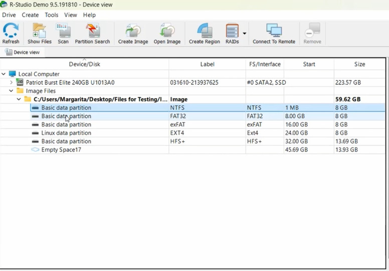 R-Studio : partitions de base avec différents systèmes de fichiers