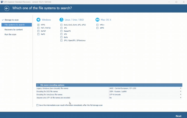 UFS Explorer : sélection du système de fichiers pour l’analyse