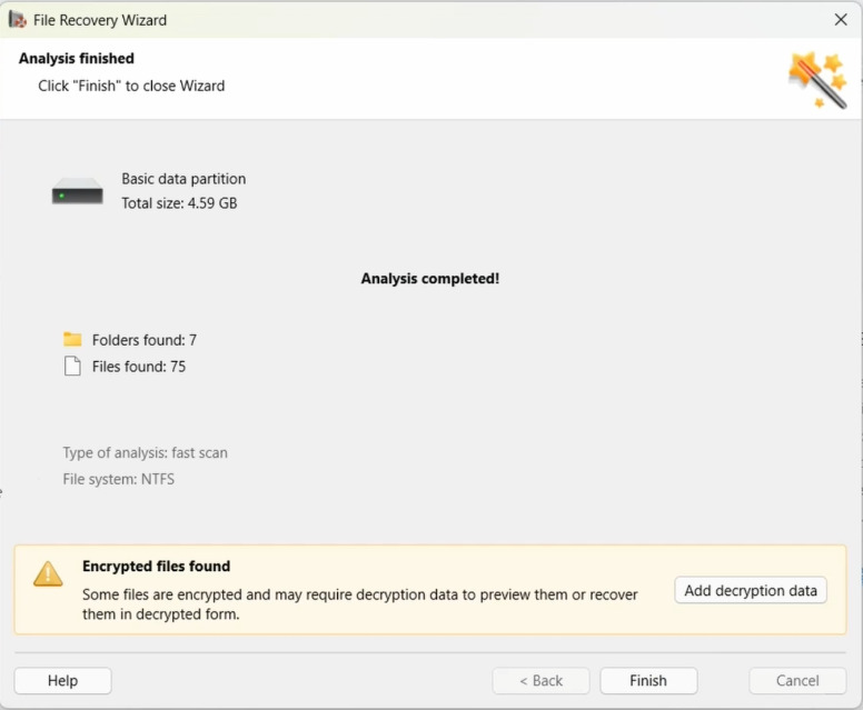 Hetman Partition Recovery : message indiquant que des fichiers chiffrés ont été trouvés