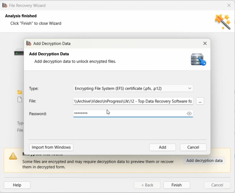 Hetman Partition Recovery : ajouter la clé de déverrouillage ou saisir le mot de passe